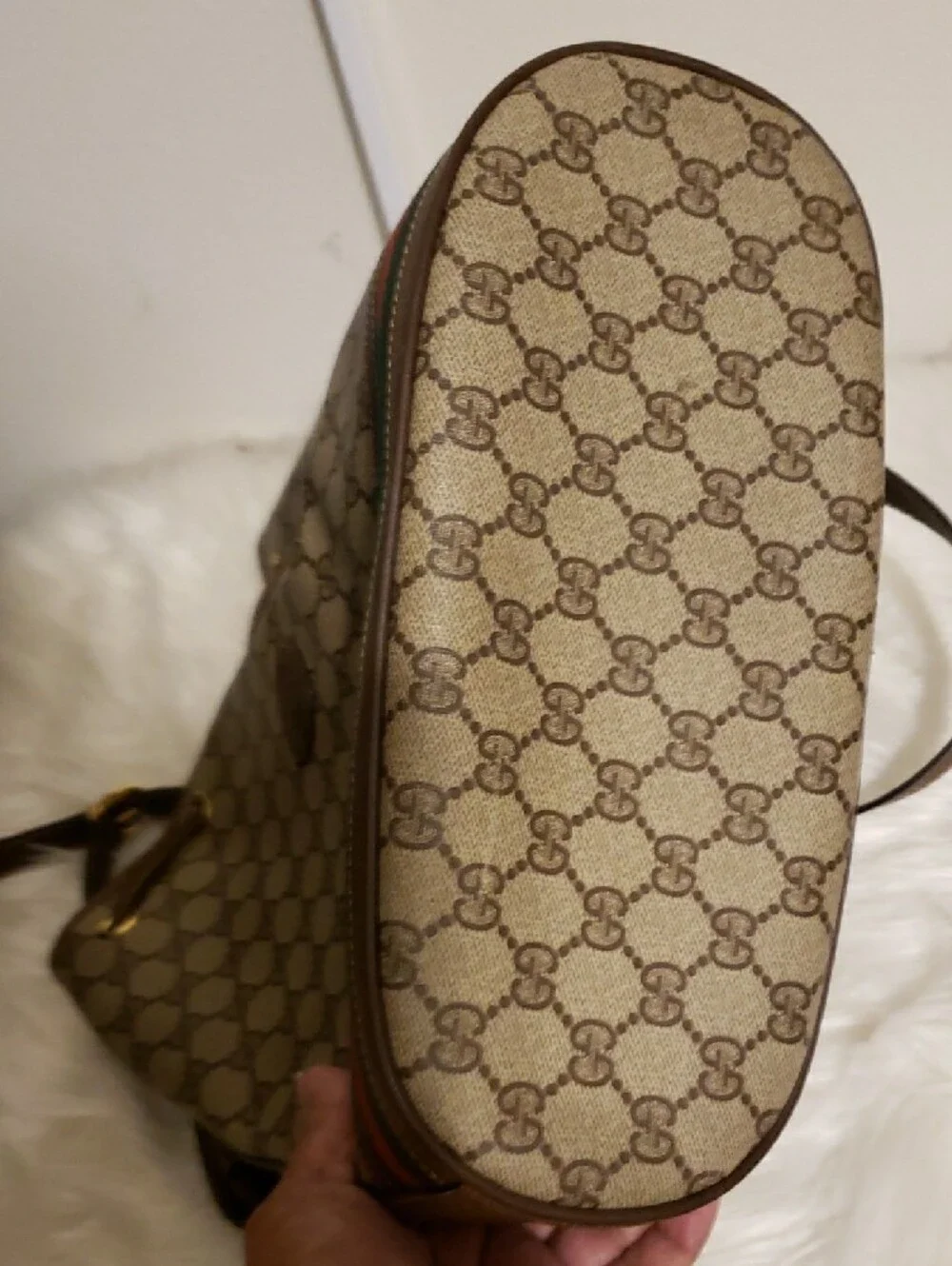 Gucci Beige Monogram Canvas Bucket Bag with Green-Red Stripe - Picture 7 of 16